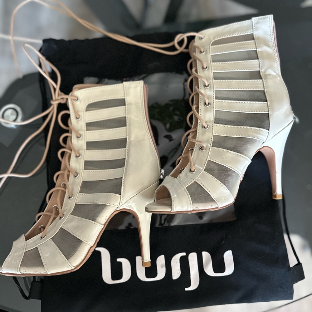 Burju Tempest - Nude Vegan Patent Mesh Cut Out Stiletto Ankle Boot 4"
